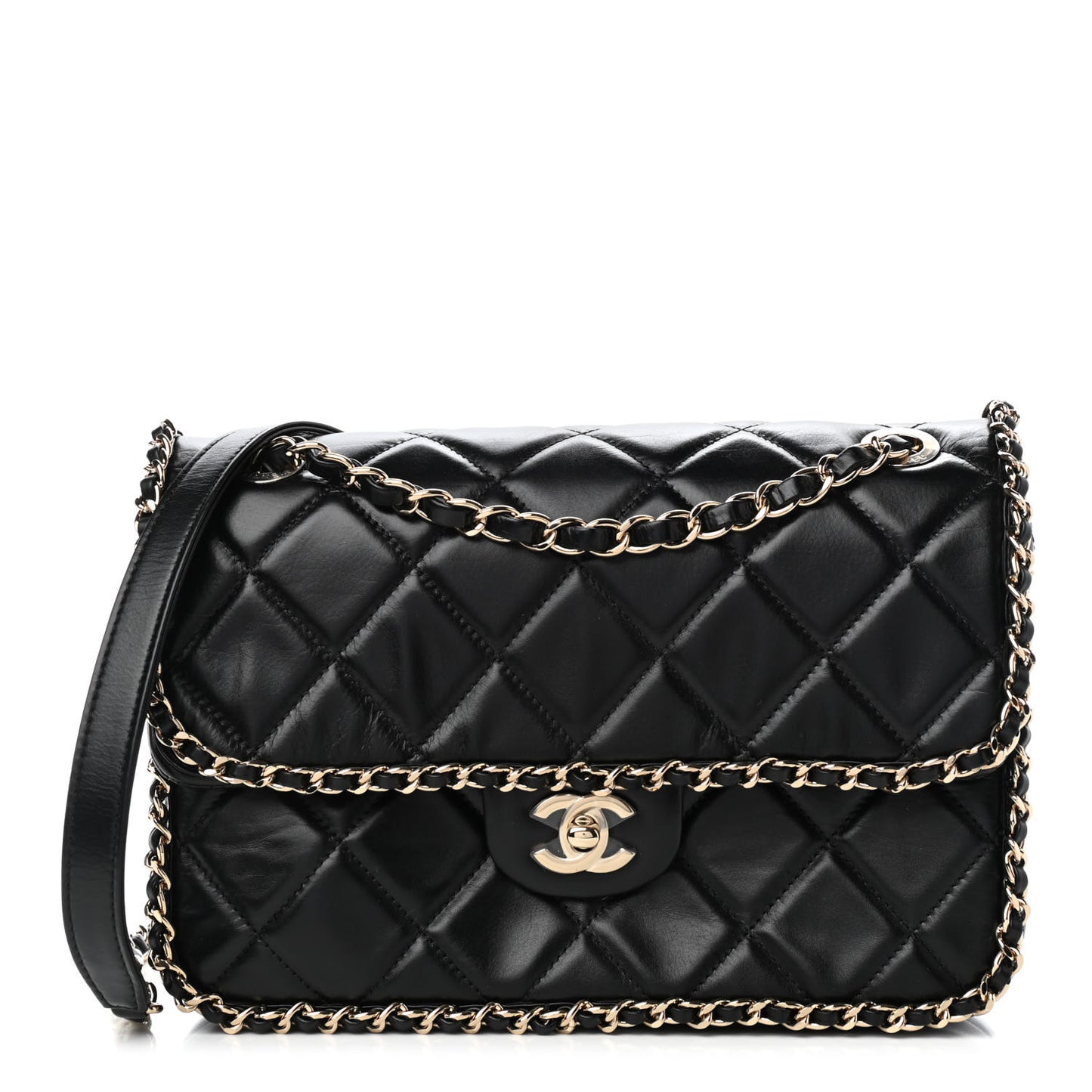 Crumpled Calfskin Medium Chain All Over Flap Black