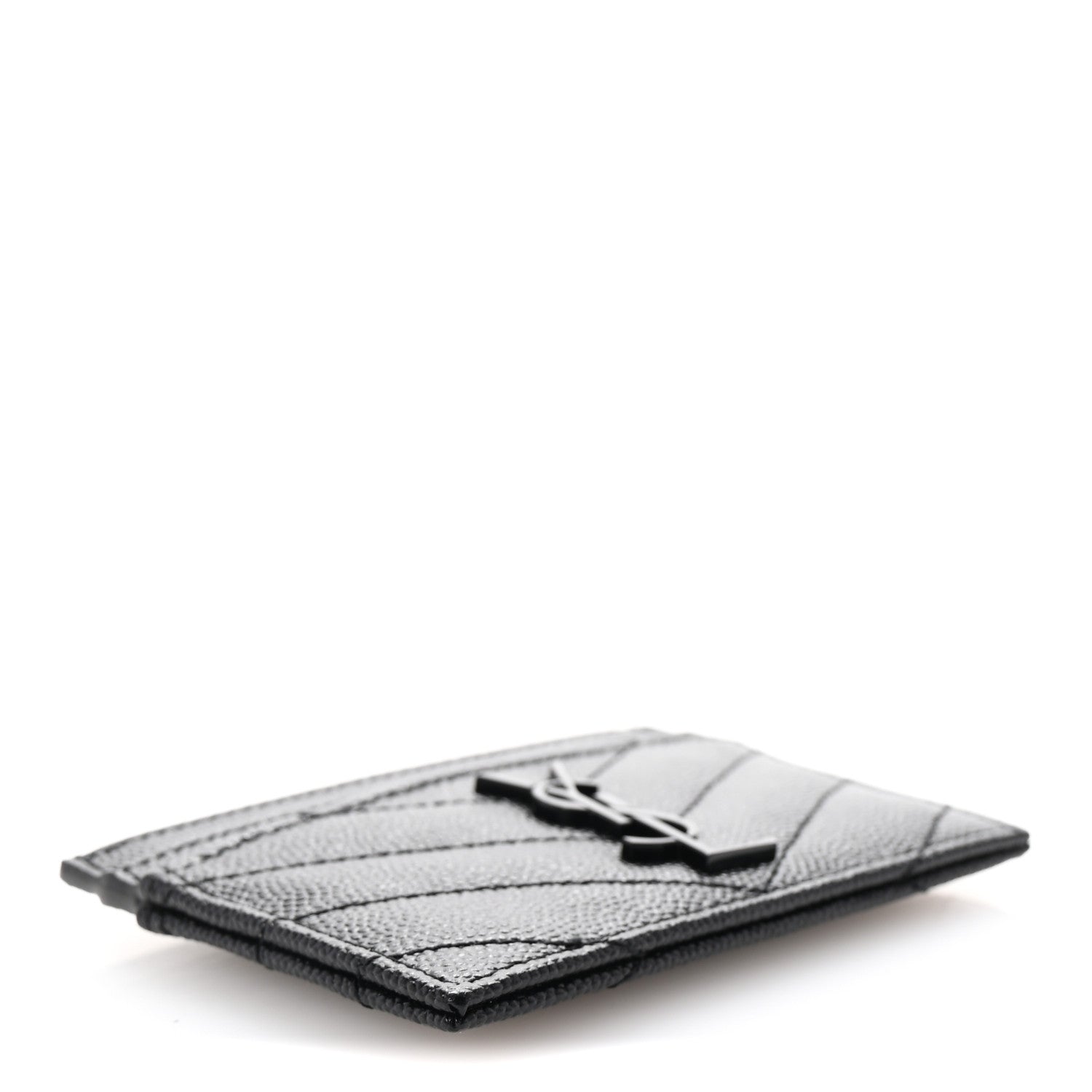 Saint Laurent Grain De Poudre Matelasse Chevron Monochrome Monogram Credit Card Case Black 4 of 8