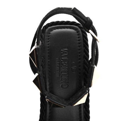 Valentino Garavani Suede Calfskin Roman Stud Espadrille Wedge Ankle Wrap Sandals 38 Black 7 of 12