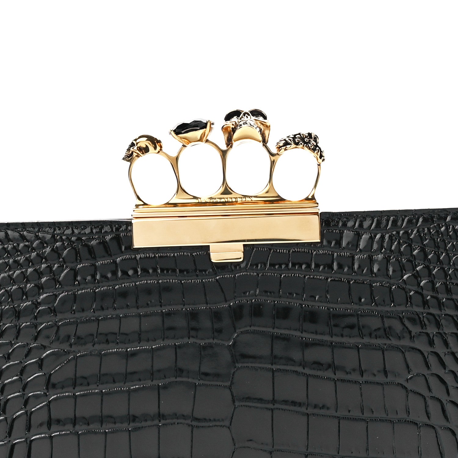 Alexander McQueen Calfskin Crocodile Embossed Knuckle Flat Clutch Black Gold 7 of 11