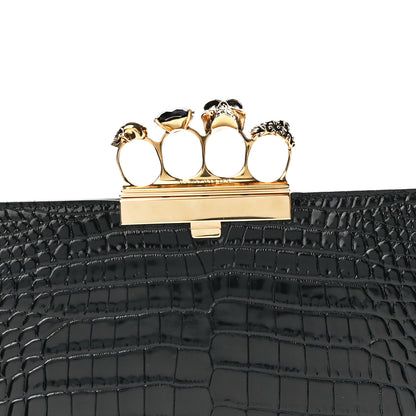 Alexander McQueen Calfskin Crocodile Embossed Knuckle Flat Clutch Black Gold 7 of 11