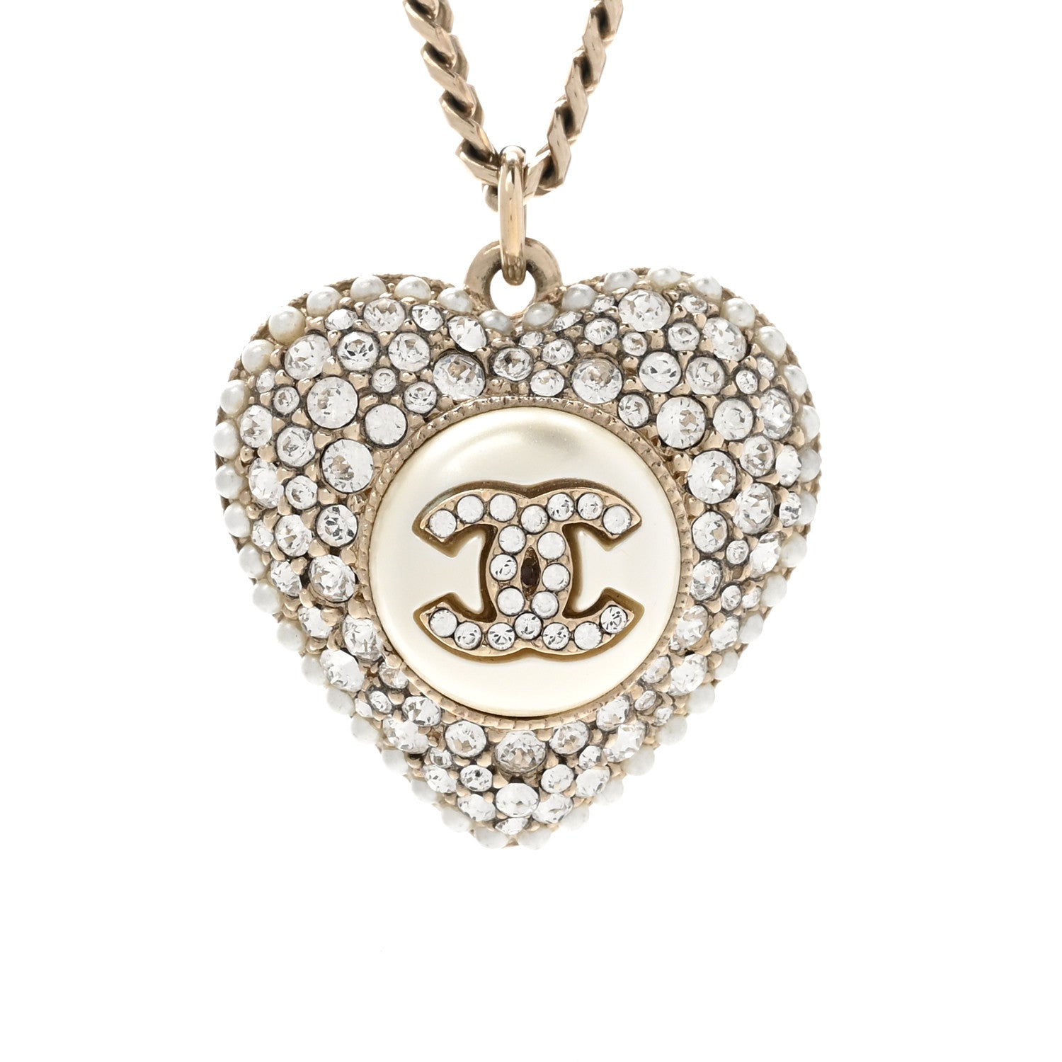 Chanel Pearl Crystal CC Heart Necklace Gold Pearly White 4 of 7
