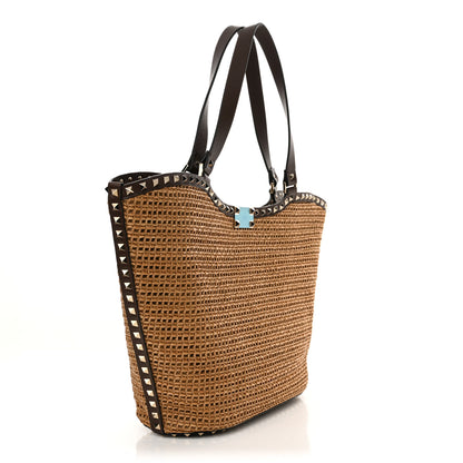 Valentino Garavani Synthetic Raffia Calfskin Rockstud Garden Tote Bag Tobacco Cacao 3 of 9