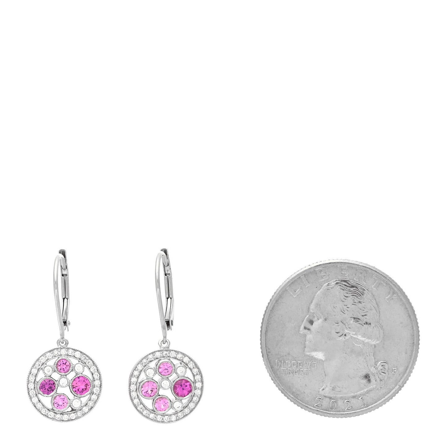 Platinum Diamond Pink Sapphire Cobblestone Drop Earrings