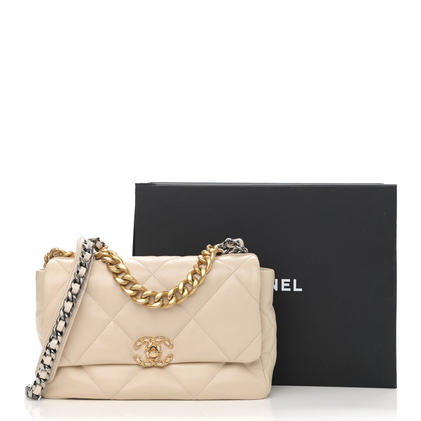 Goatskin Quilted Large Chanel 19 Flap Beige