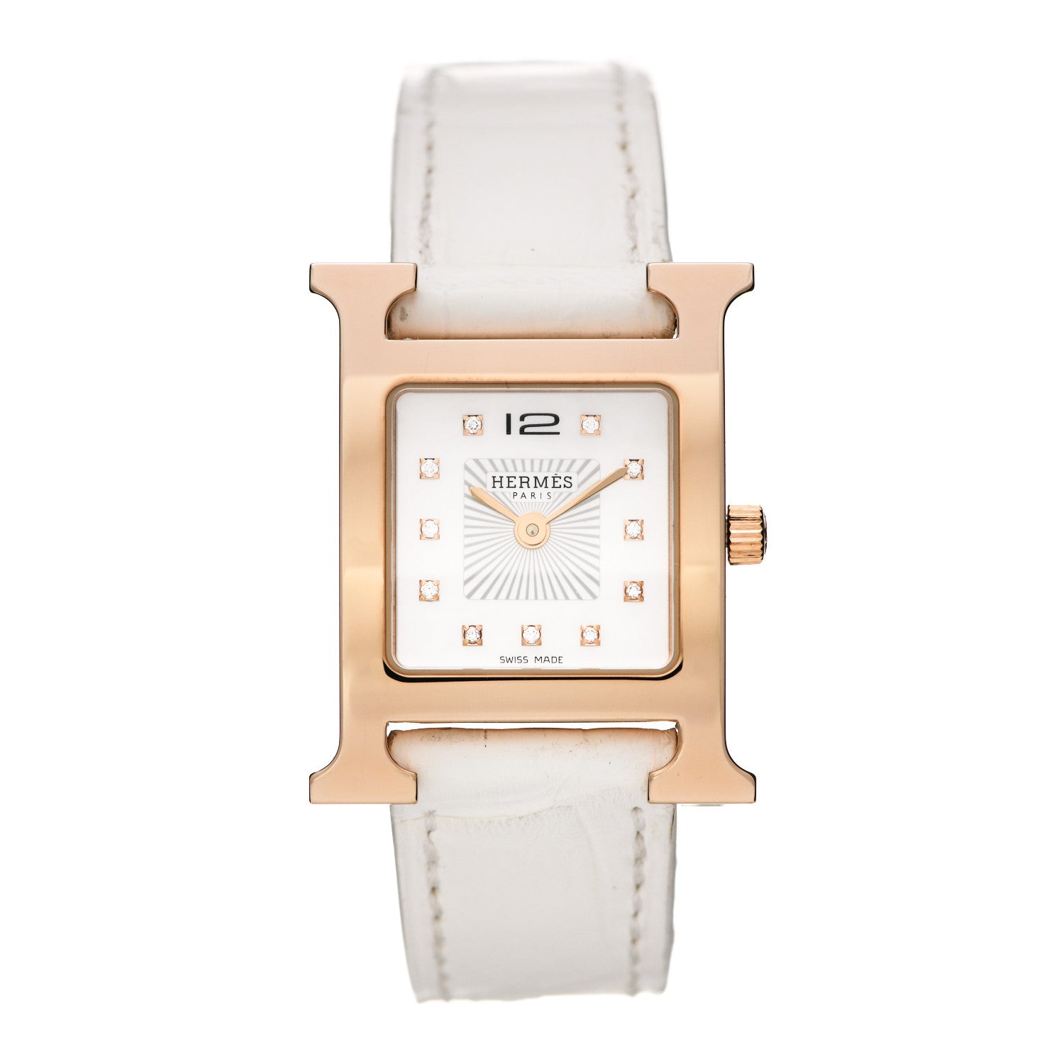Hermes Stainless Steel Alligator Diamond Mother of Pearl 21mm Heure H Hour Quartz Watch Blanc 1 of 5