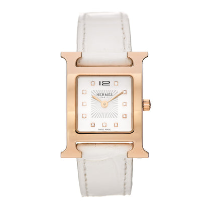 Hermes Stainless Steel Alligator Diamond Mother of Pearl 21mm Heure H Hour Quartz Watch Blanc 1 of 5