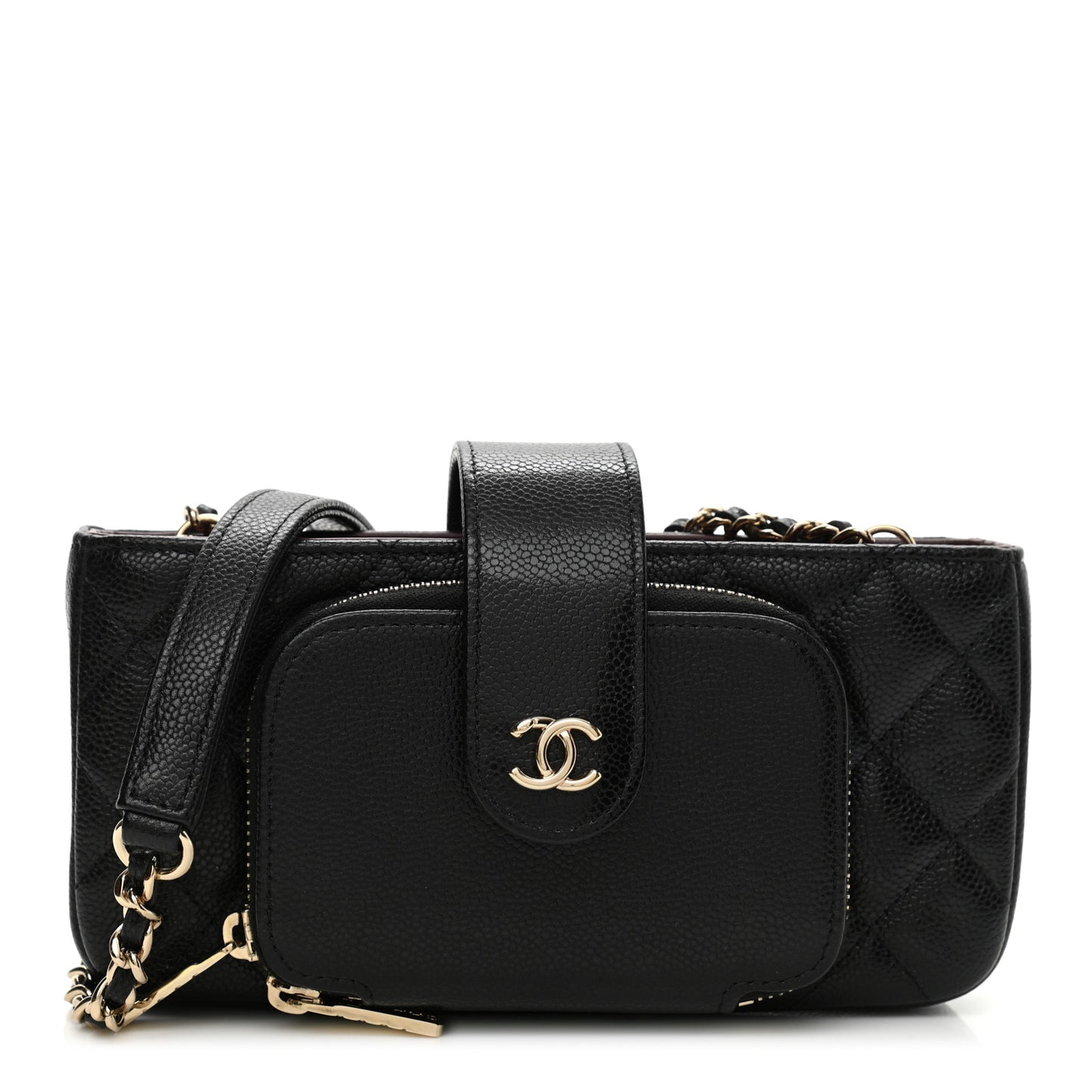 Caviar Quilted Business Affinity Phone Holder With Chain Black