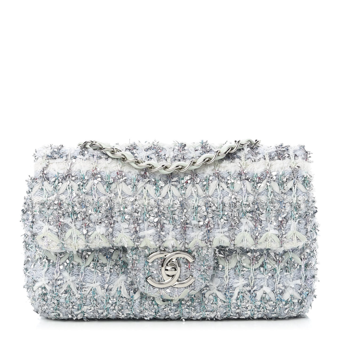 Tweed Quilted Mini Rectangular Flap Light Green Silver White