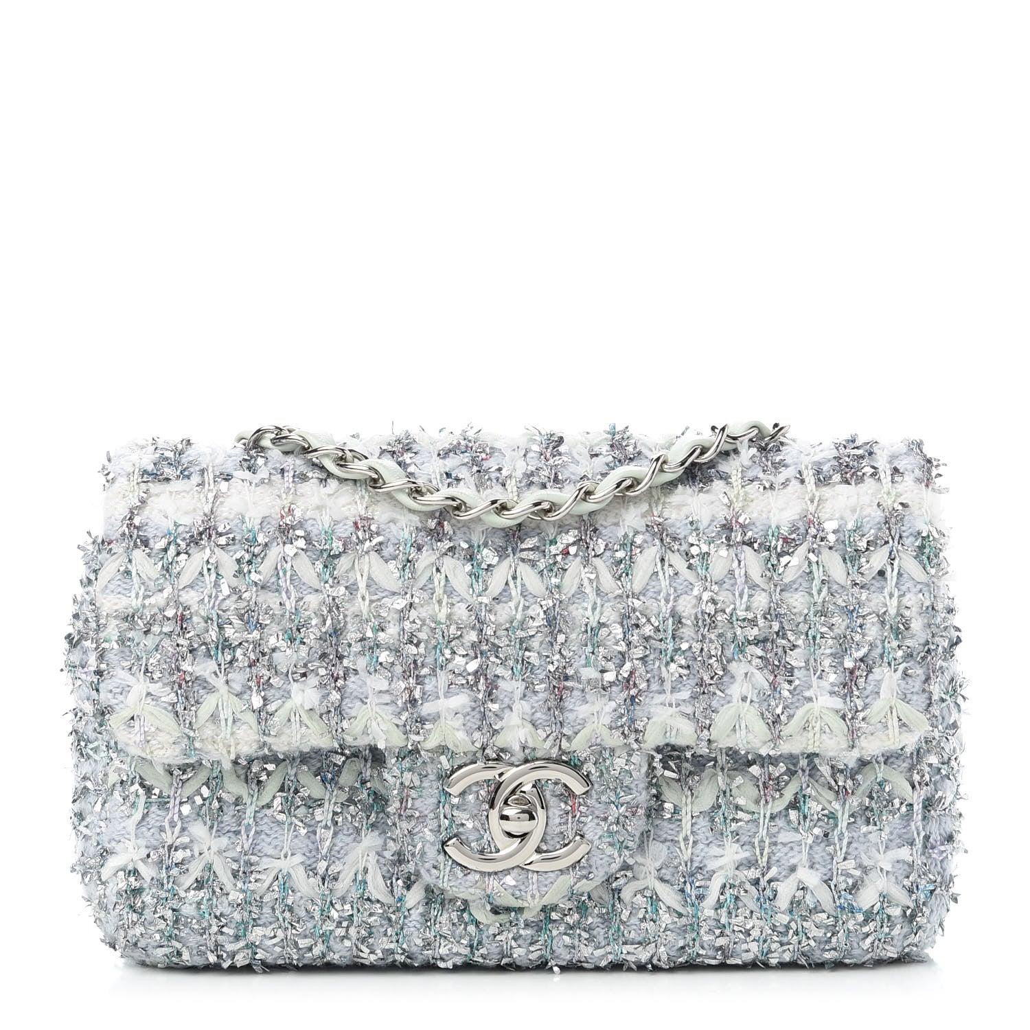 Chanel Tweed Quilted Mini Rectangular Flap Light Green Silver White 1 of 10