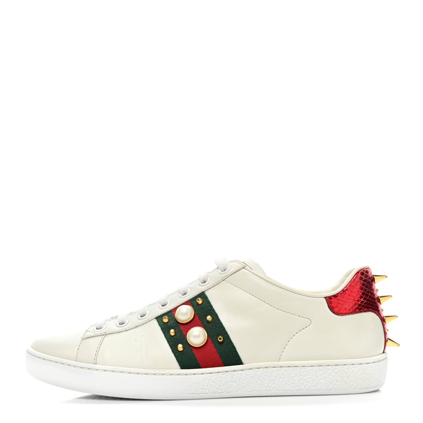Calfskin Web Pearl Studded Womens Ace Sneakers 37.5 White