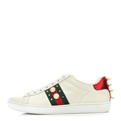 Gucci Calfskin Web Pearl Studded Womens Ace Sneakers 37.5 White 1 of 14