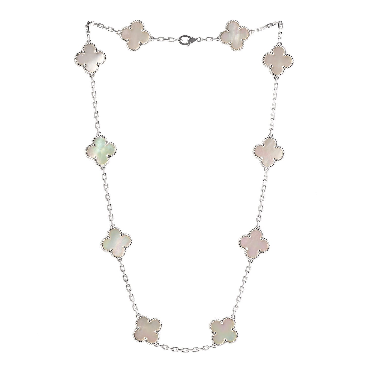 18K White Gold Mother of Pearl 10 Motifs Vintage Alhambra Necklace