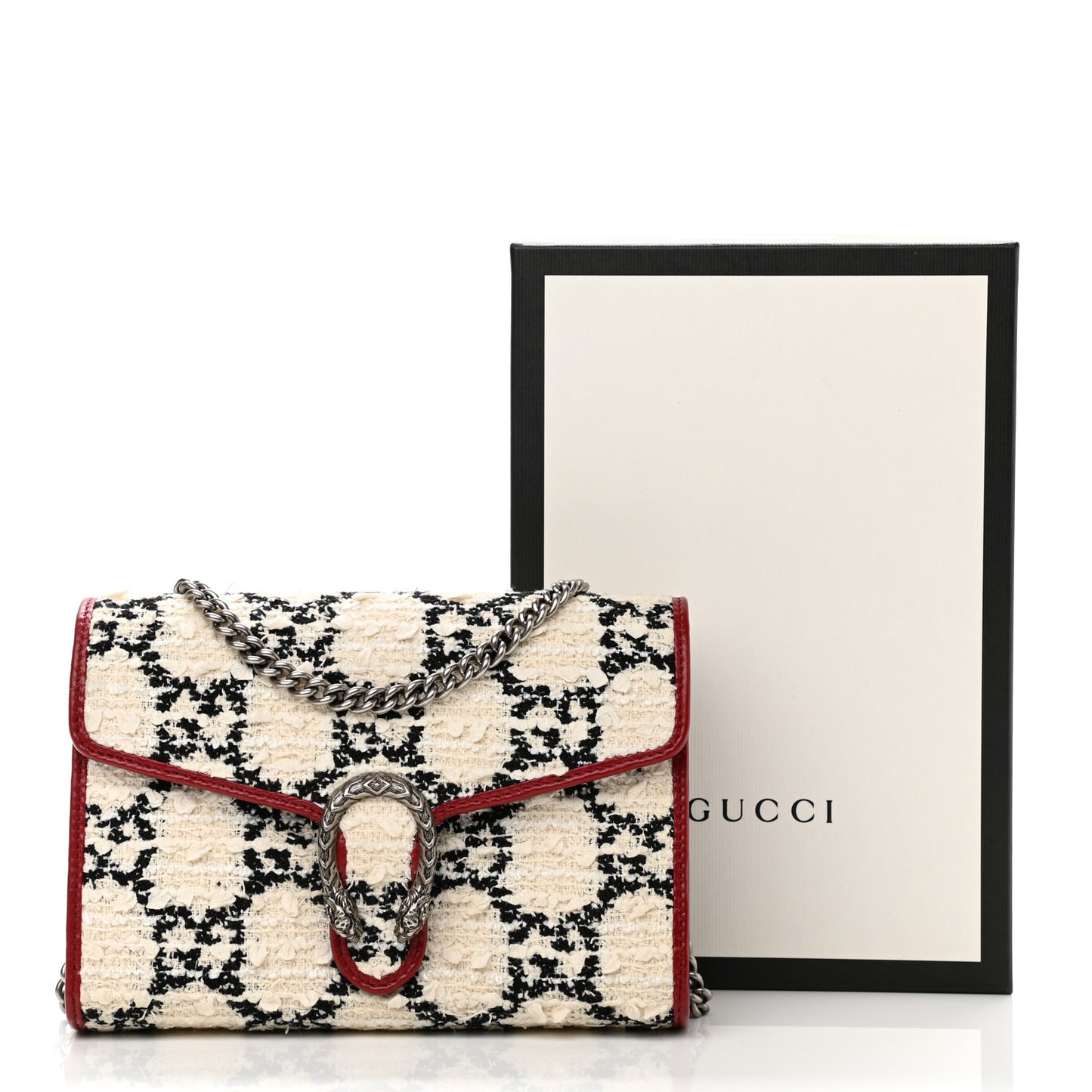 Tweed GG Monogram Mini Dionysus Chain Wallet White Black Romantic Cherry