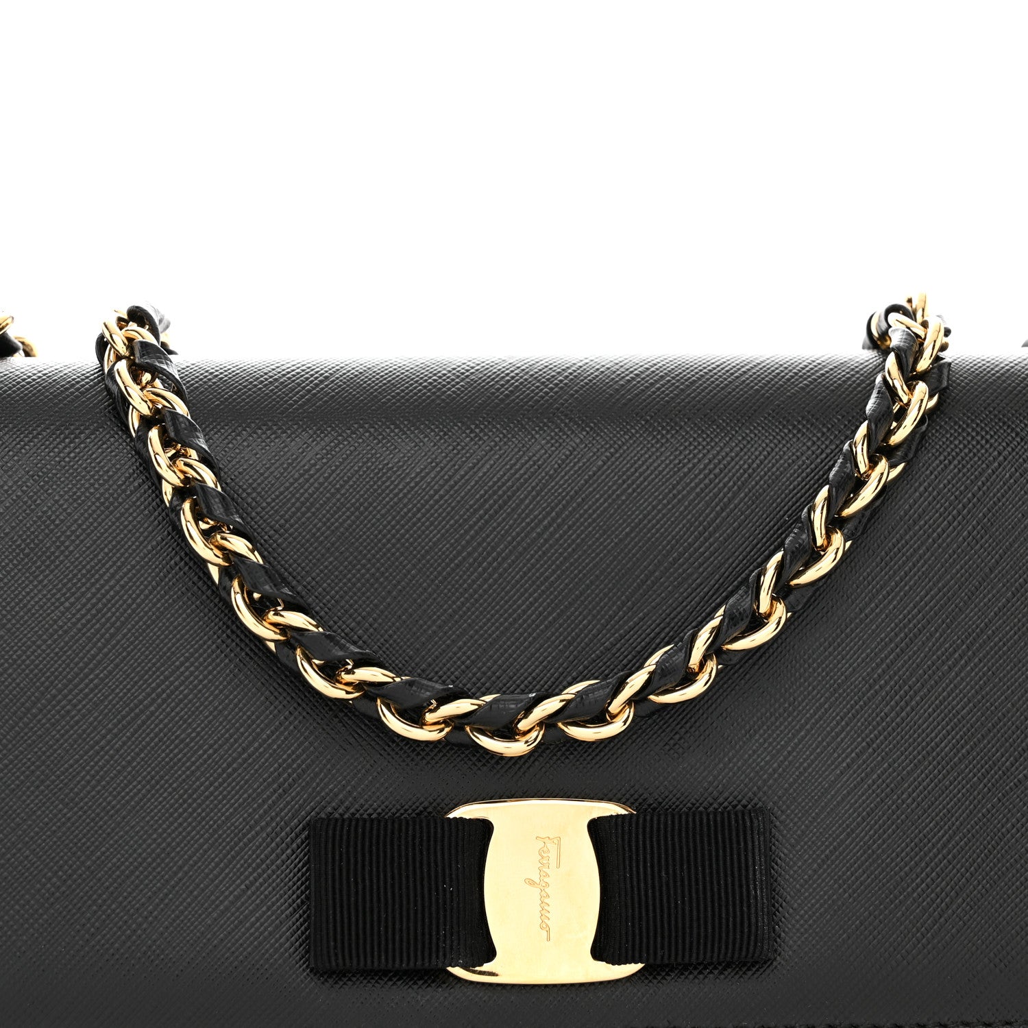Salvatore Ferragamo Printed Calfskin Vara Bow Chain Flap Crossbody Black 7 of 9