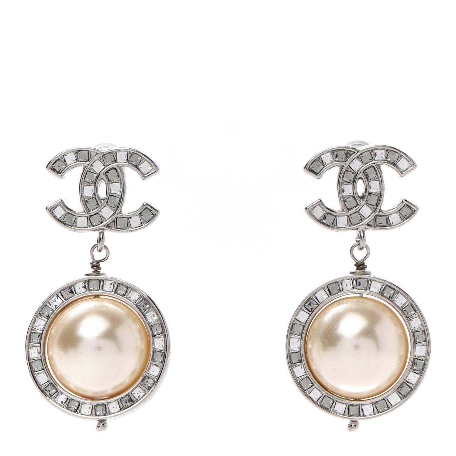 Chanel Baguette Crystal CC Pearl Drop Art Decoco Earrings Silver 1 of 5