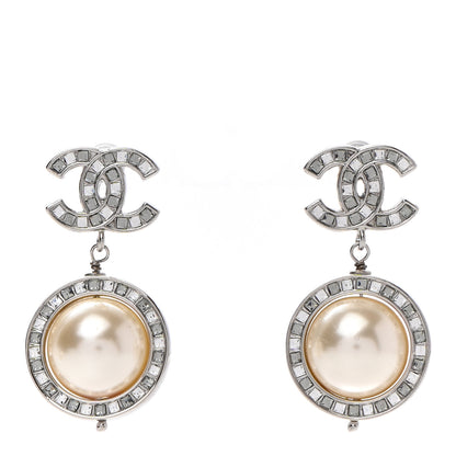 Chanel Baguette Crystal CC Pearl Drop Art Decoco Earrings Silver 1 of 5