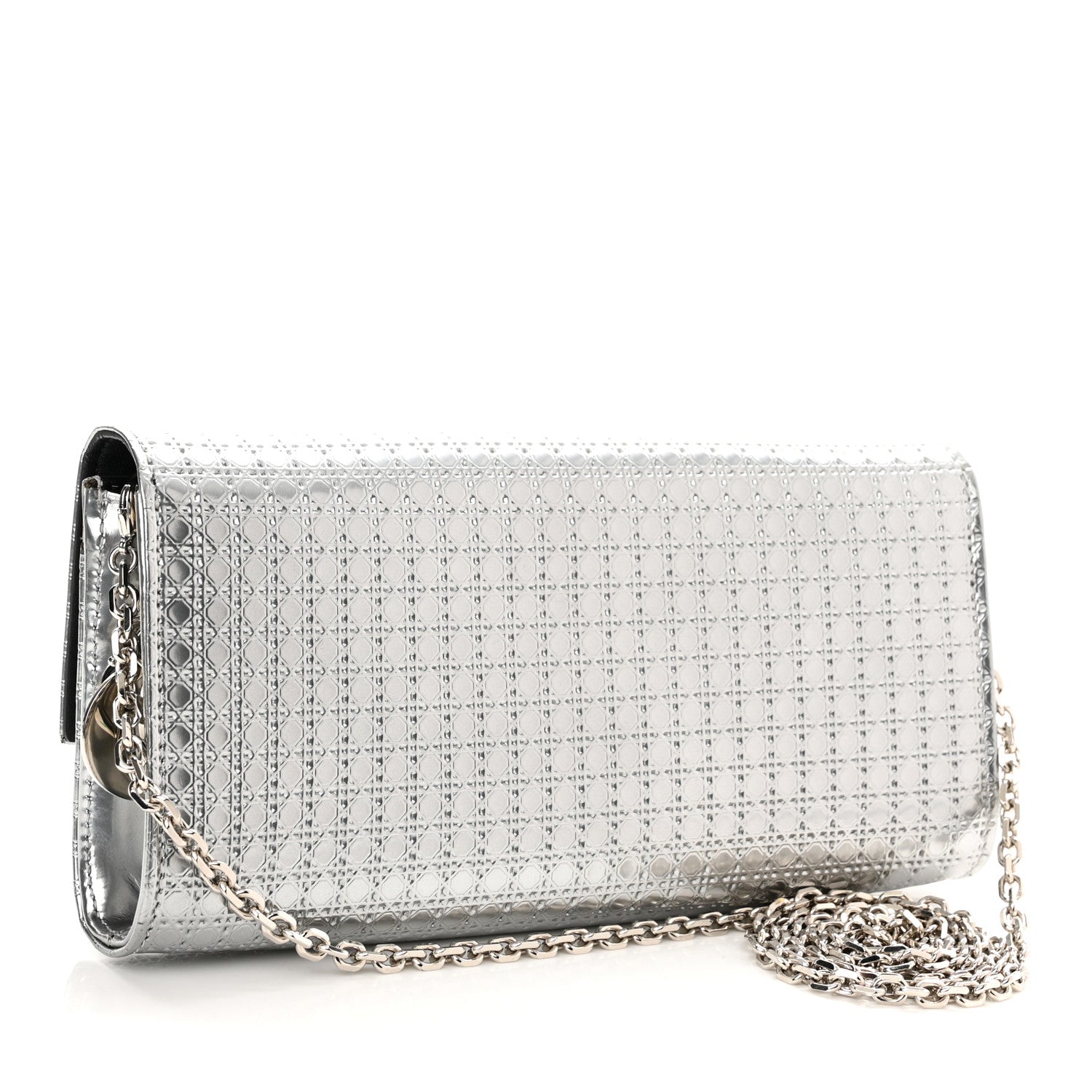 Christian Dior Metallic Patent Micro-Cannage Lady Dior Croisiere Chain Wallet Silver 2 of 9