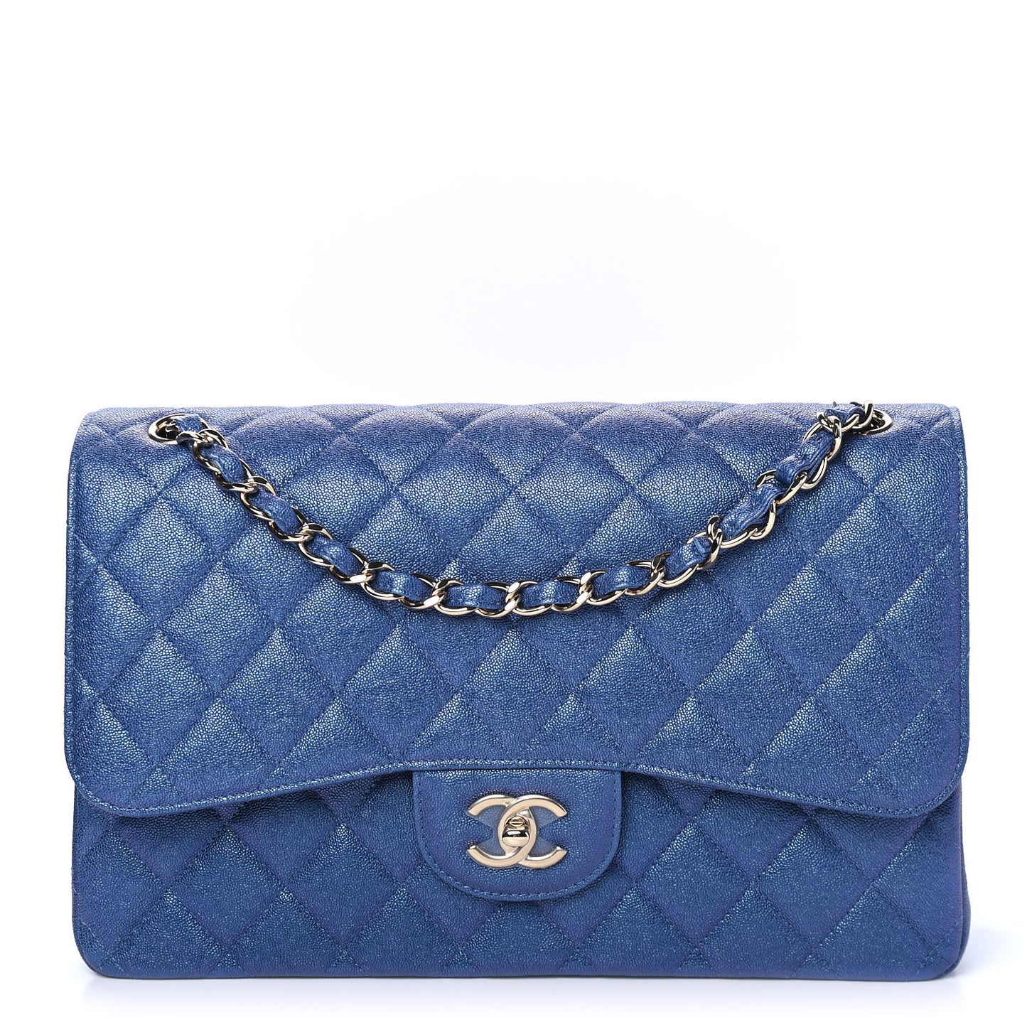 Iridescent Caviar Quilted Jumbo Double Flap Dark Blue