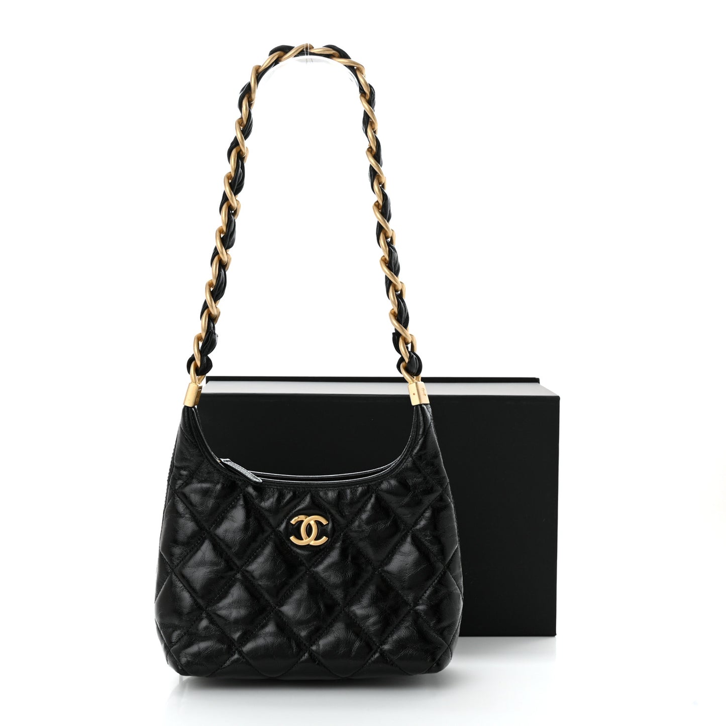 Shiny Crumpled Lambskin Quilted Small CC Funky Town Hobo Black