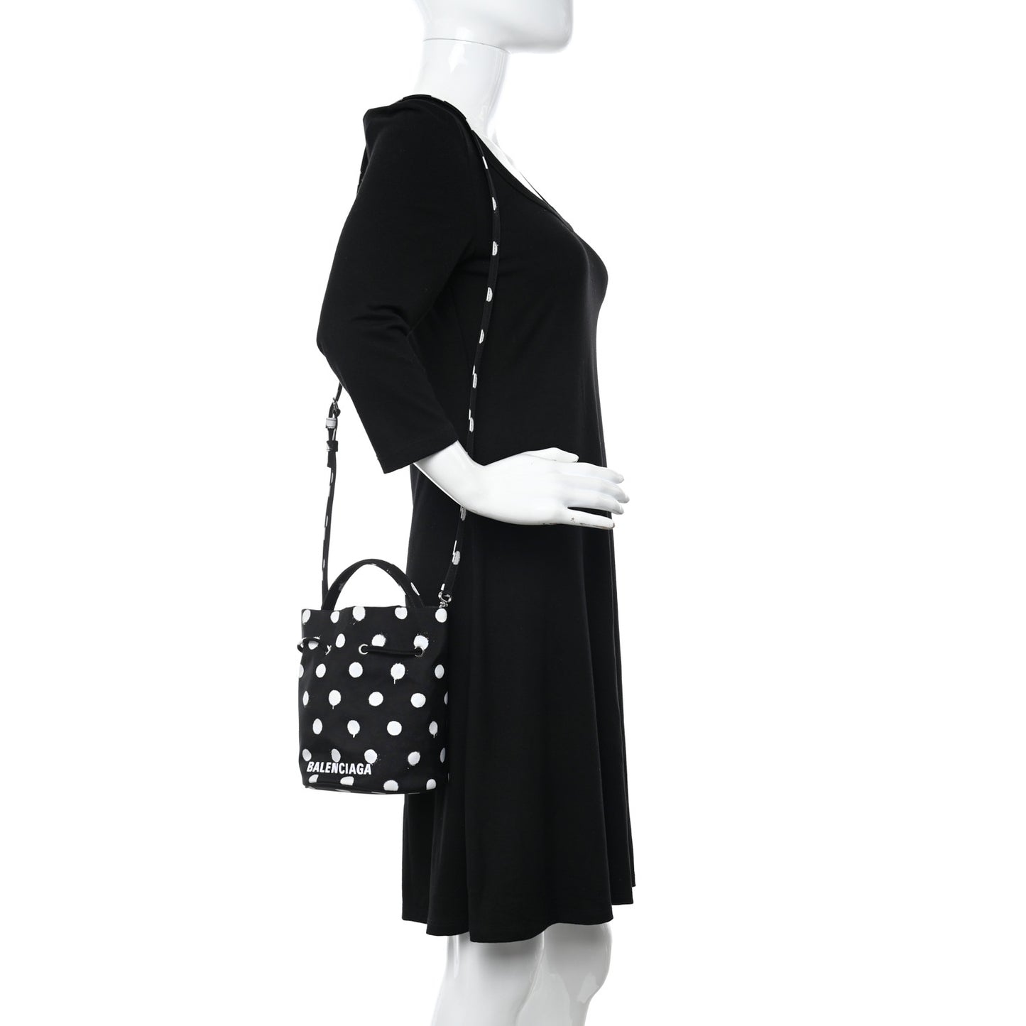 Recycled Sport Nylon Polka Dot Logo Embroidered Wheel Drawstring Bucket Bag Black White