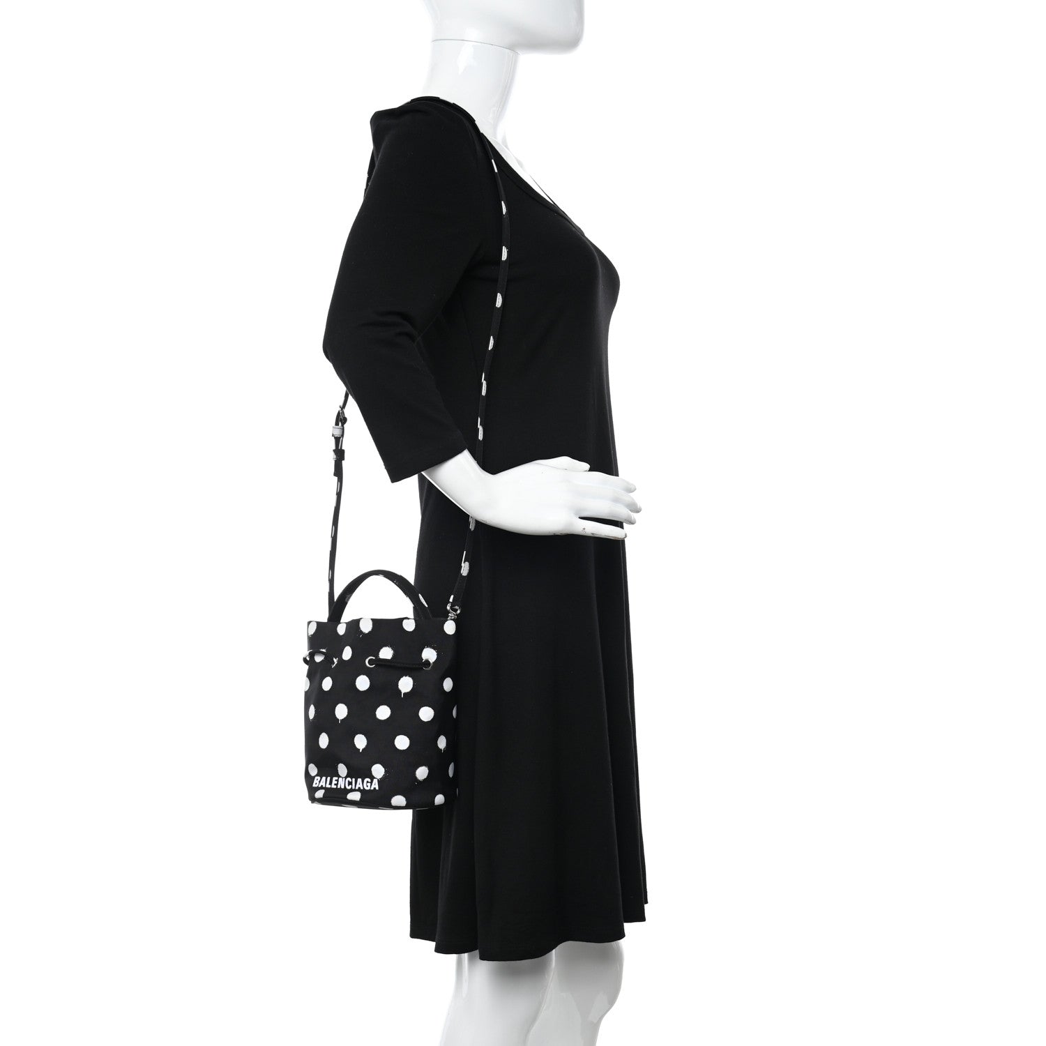 Balenciaga Recycled Sport Nylon Polka Dot Logo Embroidered Wheel Drawstring Bucket Bag Black White 2 of 10