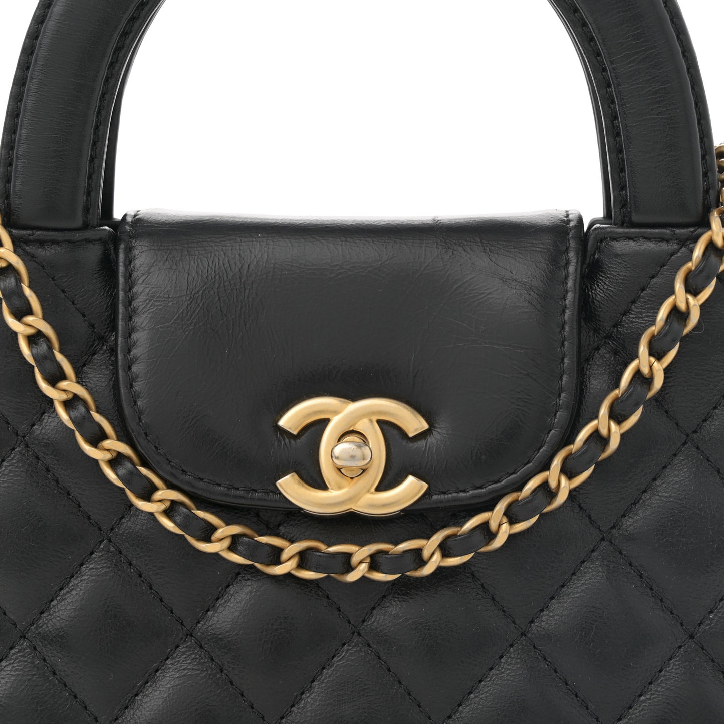 Shiny Aged Calfskin Quilted Nano Kelly Shopper Black