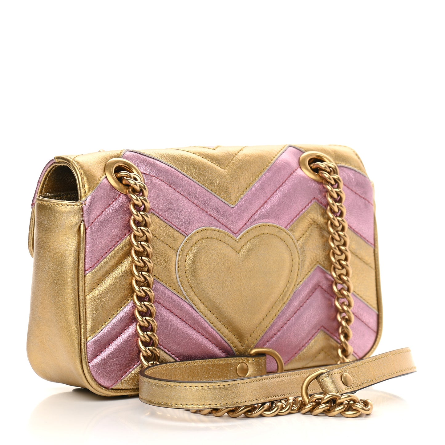 Metallic Calfskin Matelasse Mini GG Marmont Shoulder Bag Gold Pink