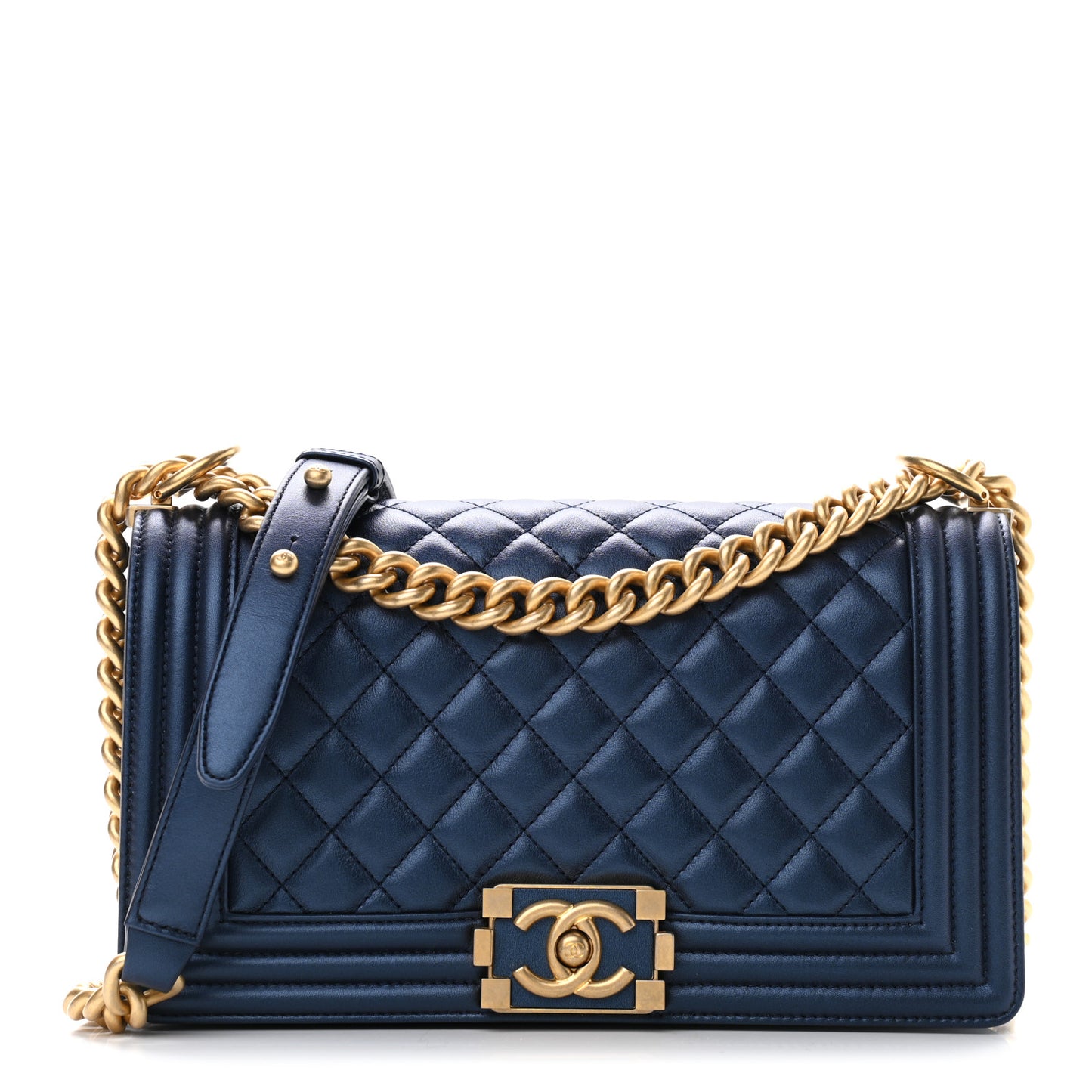 Metallic Calfskin Quilted Medium Boy Flap Navy Blue