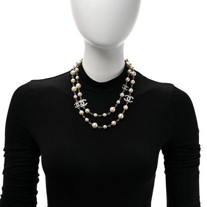 Chanel Crystal Pearl CC Long Necklace Silver 3 of 5