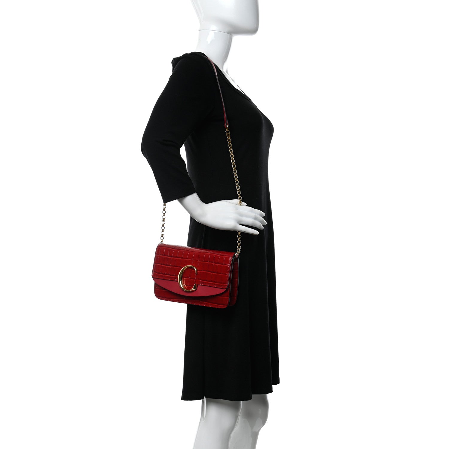 Chloe Calfskin Crocodile Embossed C Clutch With Chain Dusky Red 2 of 10