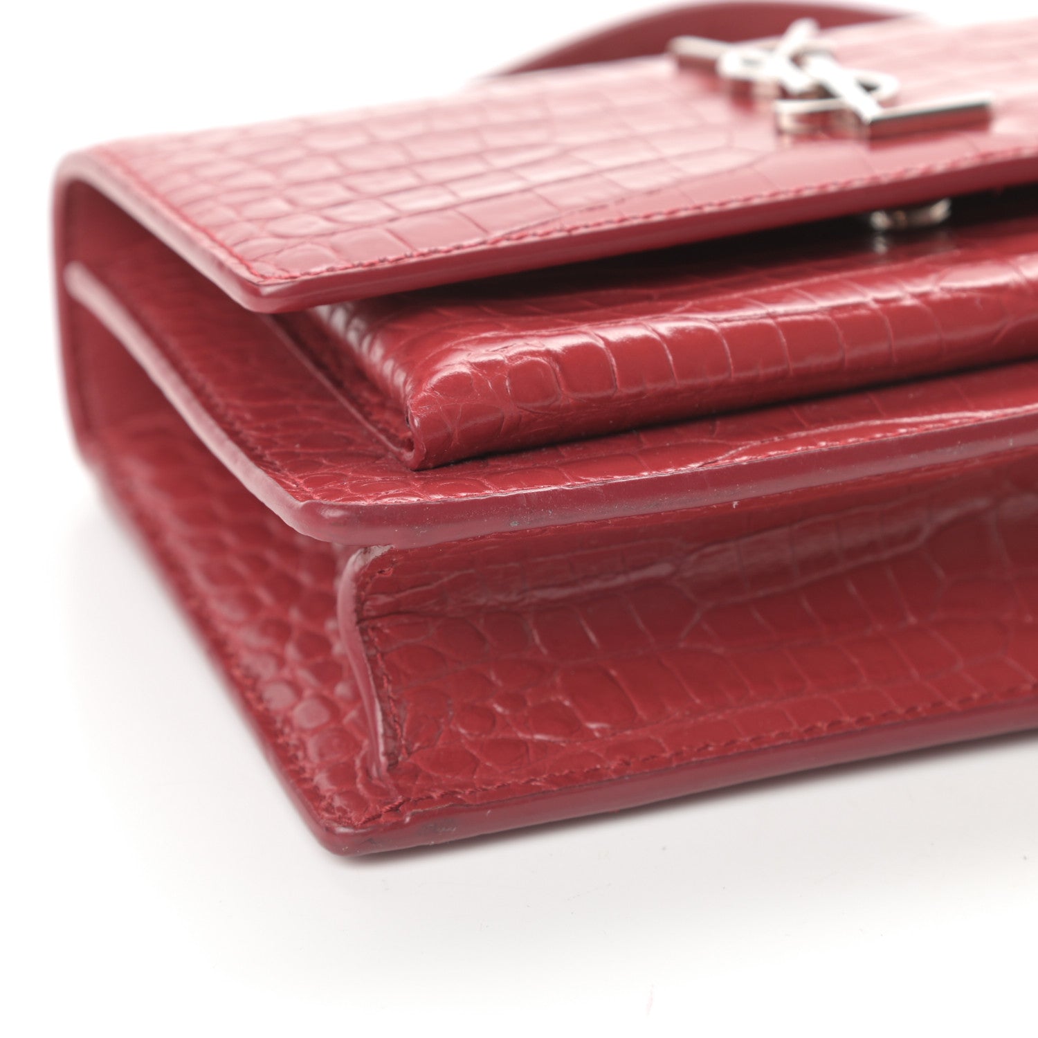 Saint Laurent Calfskin Crocodile Embossed Monogram Sunset Chain Wallet Rouge Eros 11 of 12