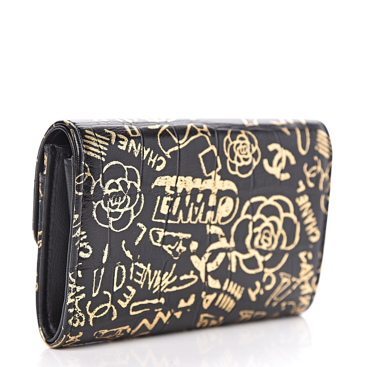 Chanel Calfskin Crocodile Embossed Graffiti Reissue Card Holder Wallet Black Gold 3 of 9