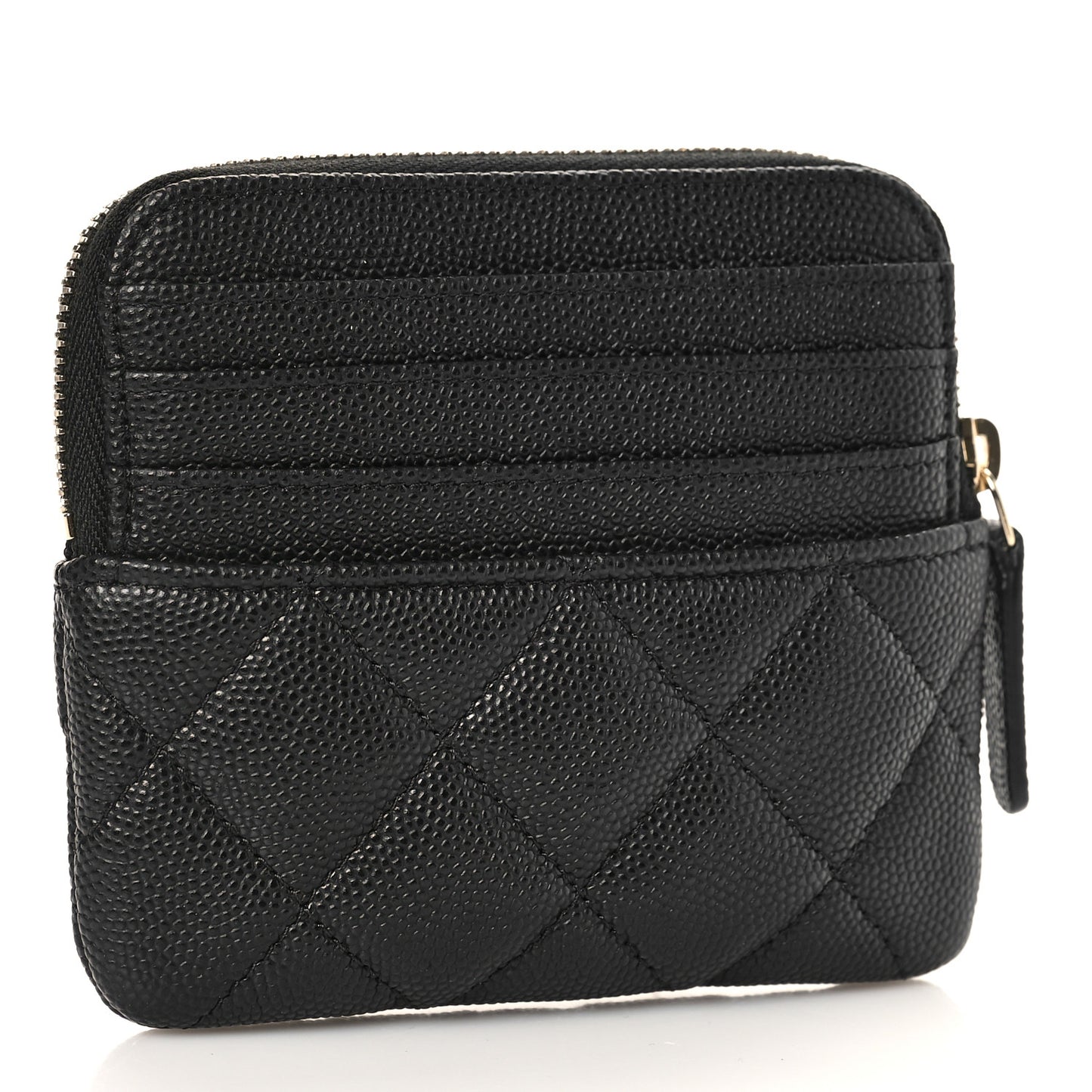 Caviar Metal Quilted Striated Zip Card Holder Wallet Black