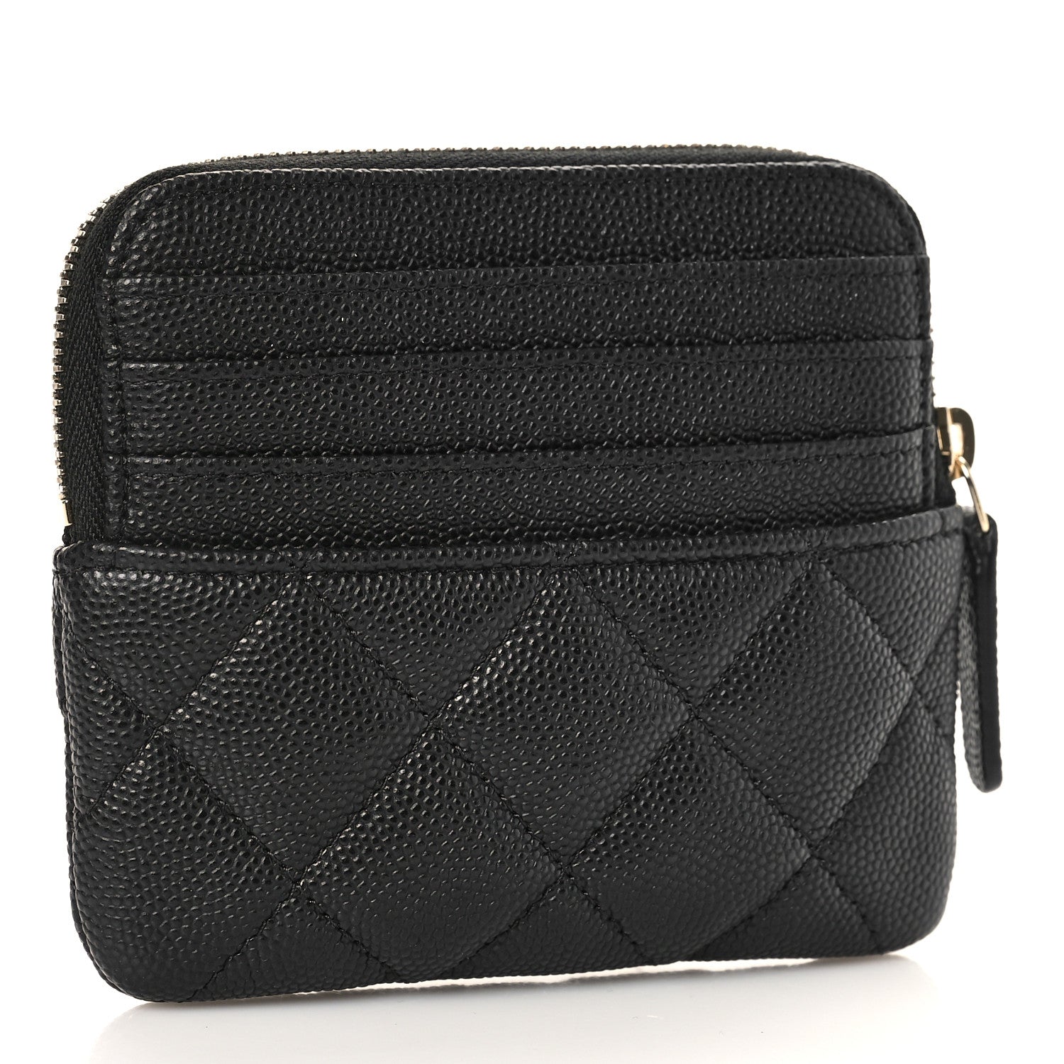 Chanel Caviar Metal Quilted Striated Zip Card Holder Wallet Black 3 of 10