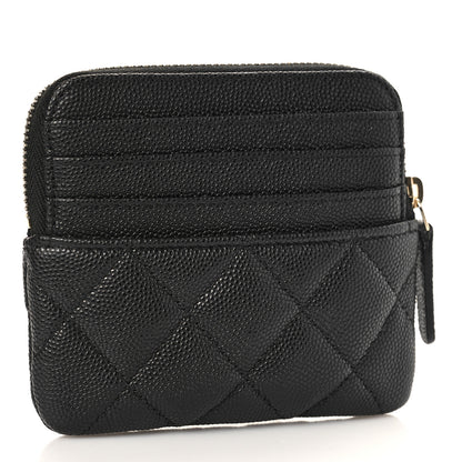 Chanel Caviar Metal Quilted Striated Zip Card Holder Wallet Black 3 of 10