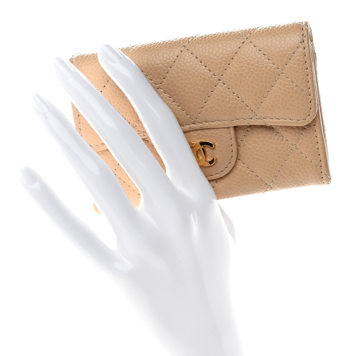 Caviar Quilted Flap Card Holder Wallet Beige