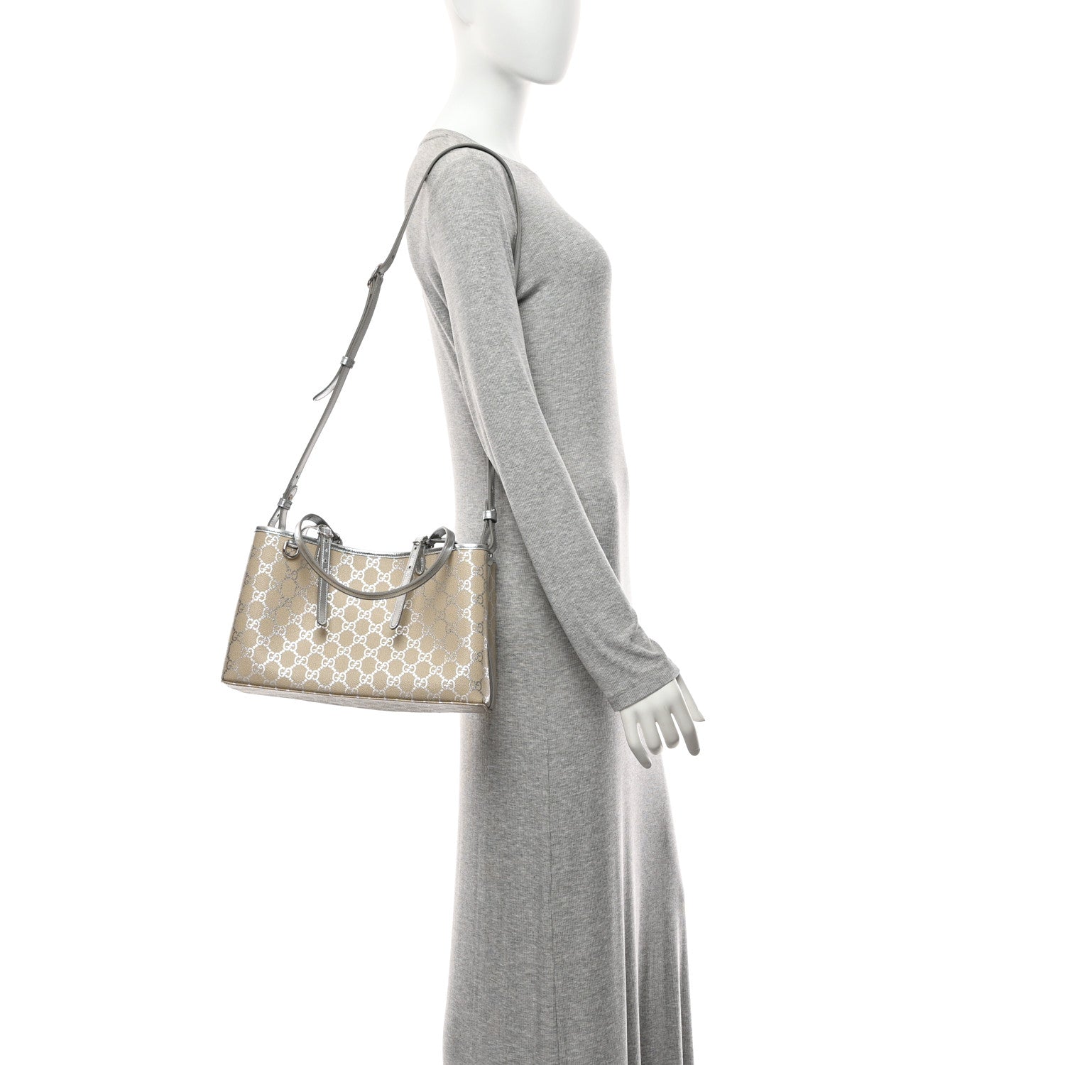 Gucci GG Supreme Monogram Emblem Medium Tote Bag  Beige Silver 2 of 10