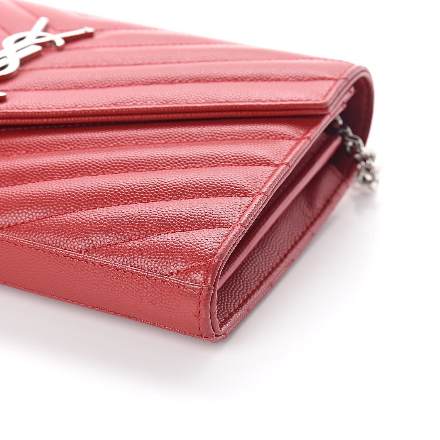 Saint Laurent Grain De Poudre Matelasse Chevron Monogram Chain Wallet New Red 9 of 9