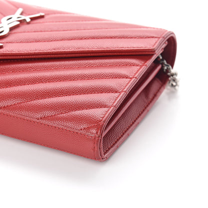 Saint Laurent Grain De Poudre Matelasse Chevron Monogram Chain Wallet New Red 9 of 9