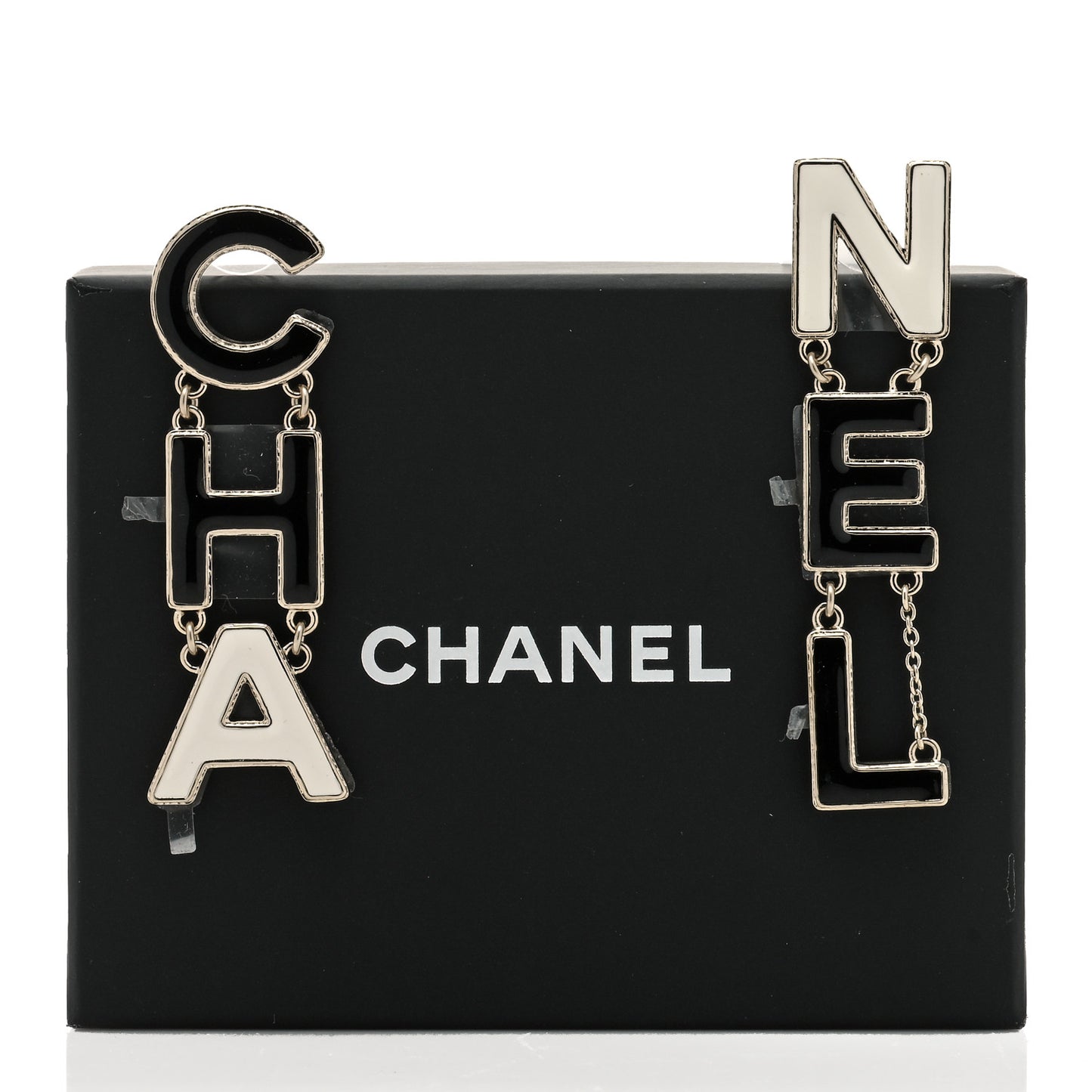 Metal Enamel Cha-Nel Logo Drop Earrings Black White
