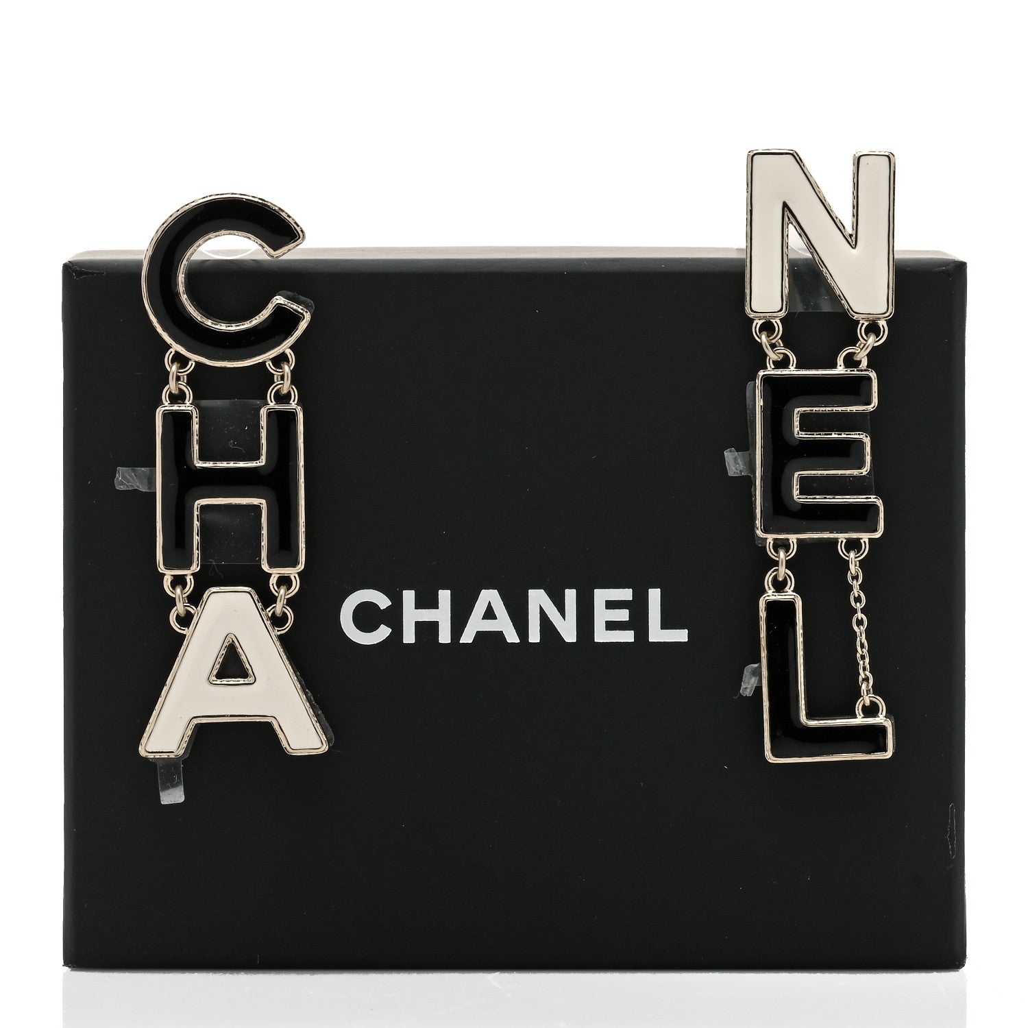 Chanel Metal Enamel Cha-Nel Logo Drop Earrings Black White 5 of 5