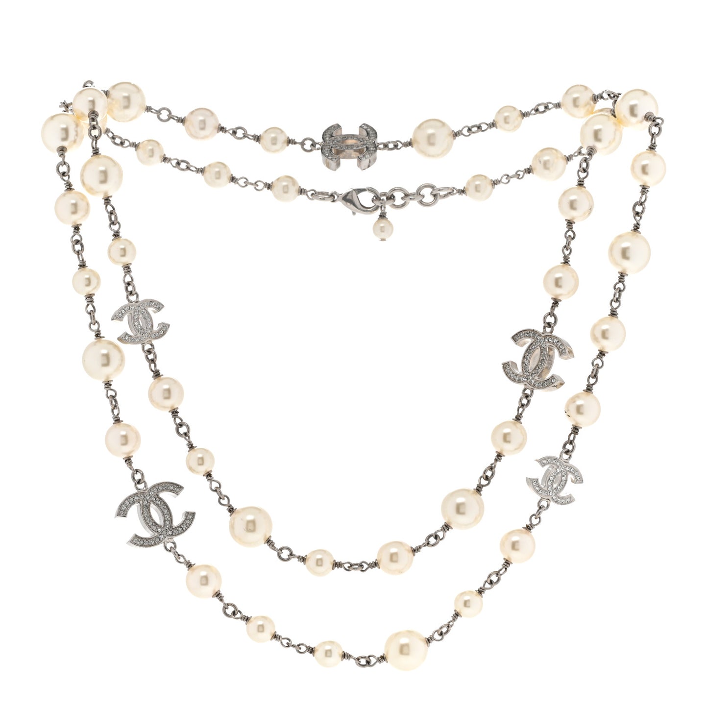 Graduated Pearl Crystal CC Long Necklace Silver