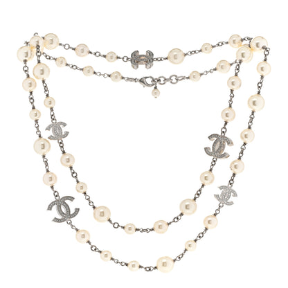 Chanel Graduated Pearl Crystal CC Long Necklace Silver 3 of 9