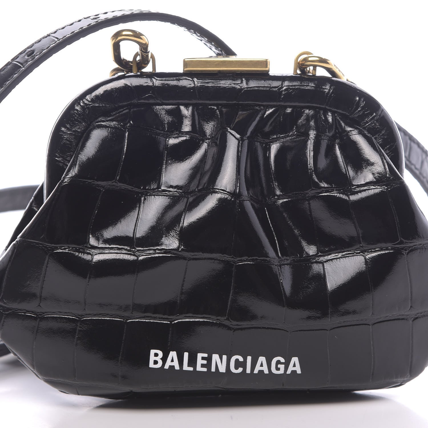 Balenciaga Shiny Supple Calfskin Logo Crocodile Embossed Cloud Coin Purse With Strap Black White 10 of 11