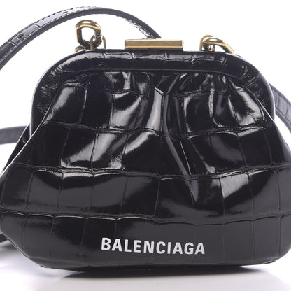 Balenciaga Shiny Supple Calfskin Logo Crocodile Embossed Cloud Coin Purse With Strap Black White 10 of 11