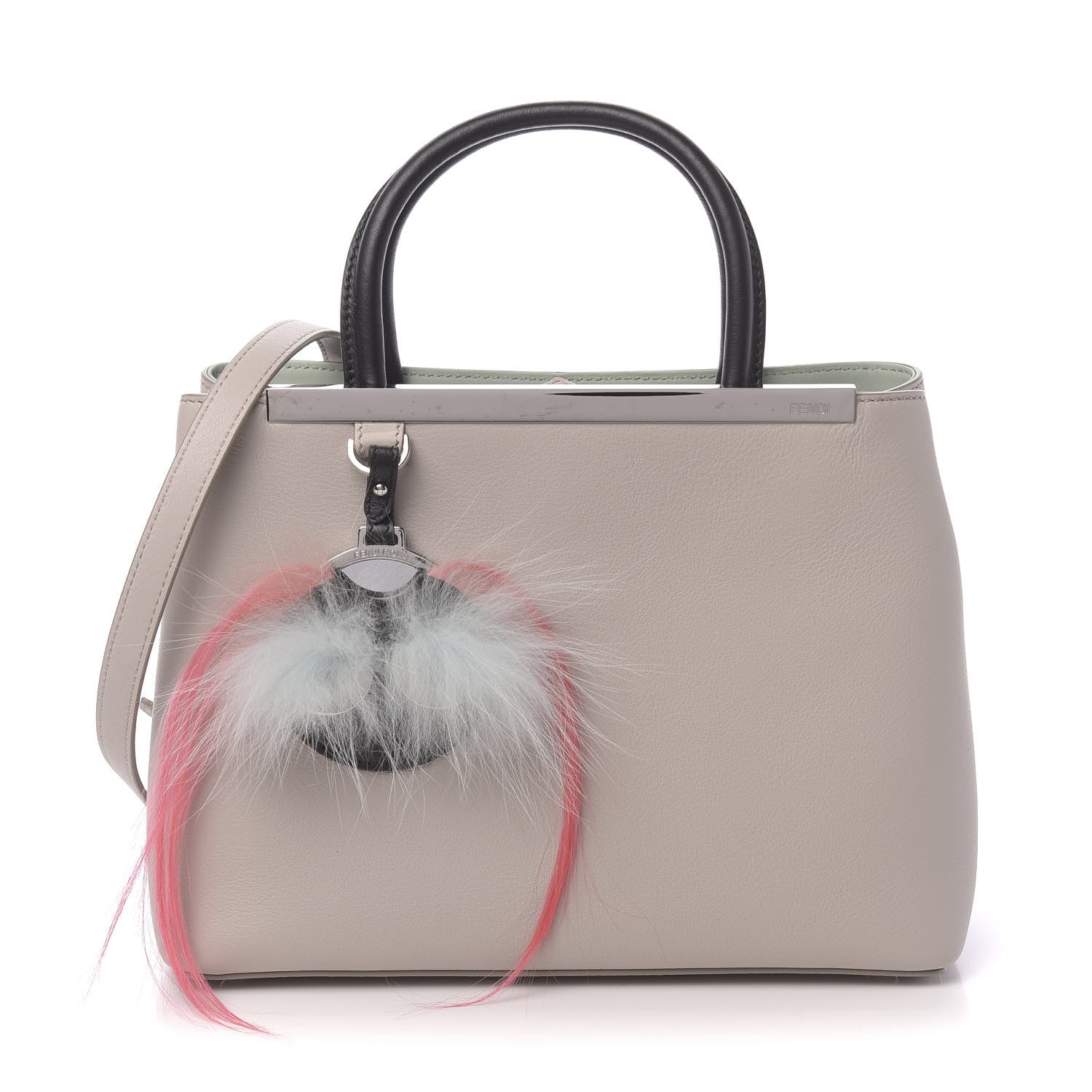 Fendi Vitello Dolce Fox Goat Bi-Color Sad Eyes Mirror Charm Petite 2Jours Tote Grigio Polvere Black 1 of 10