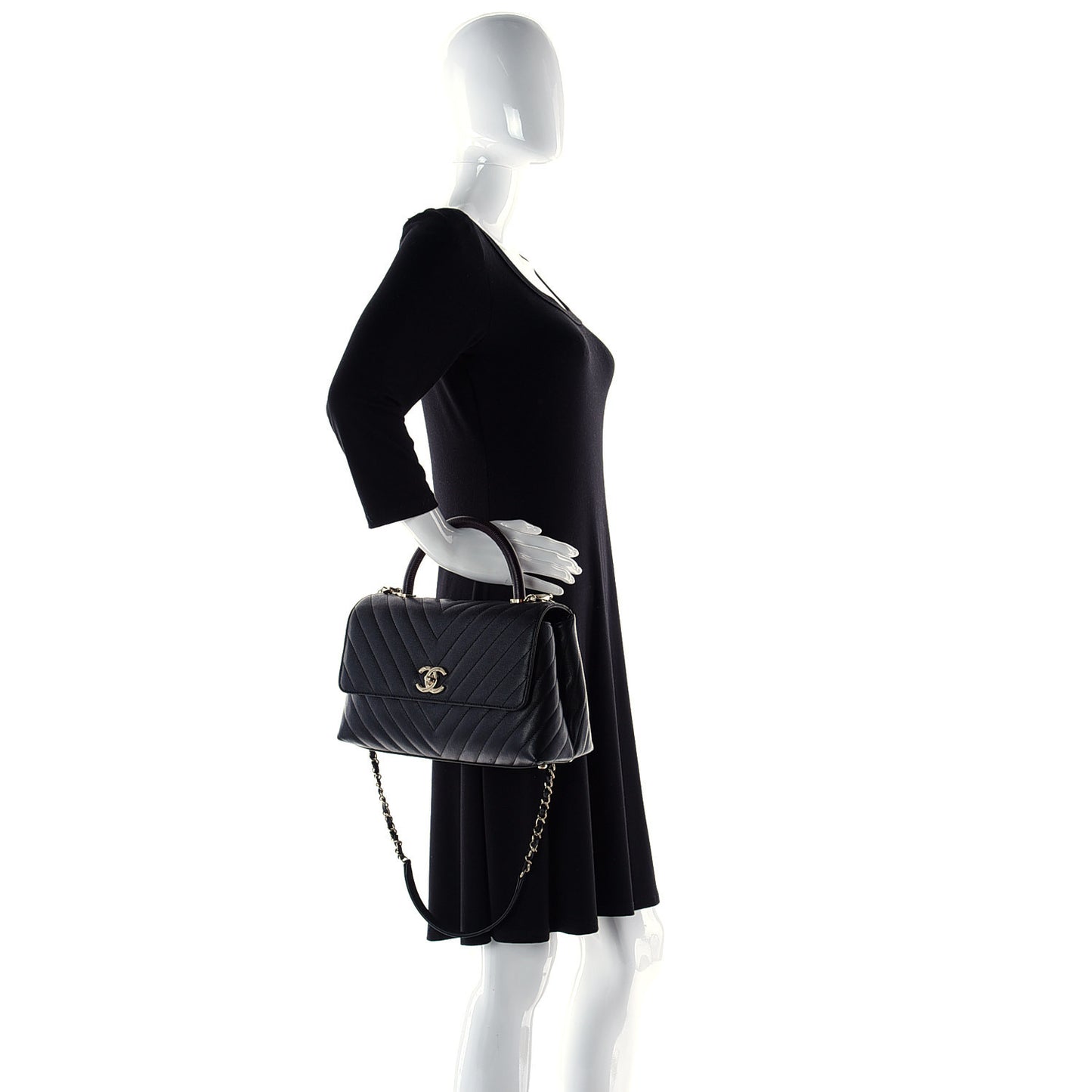 Caviar Lizard Embossed Chevron Quilted Medium Coco Handle Flap Black