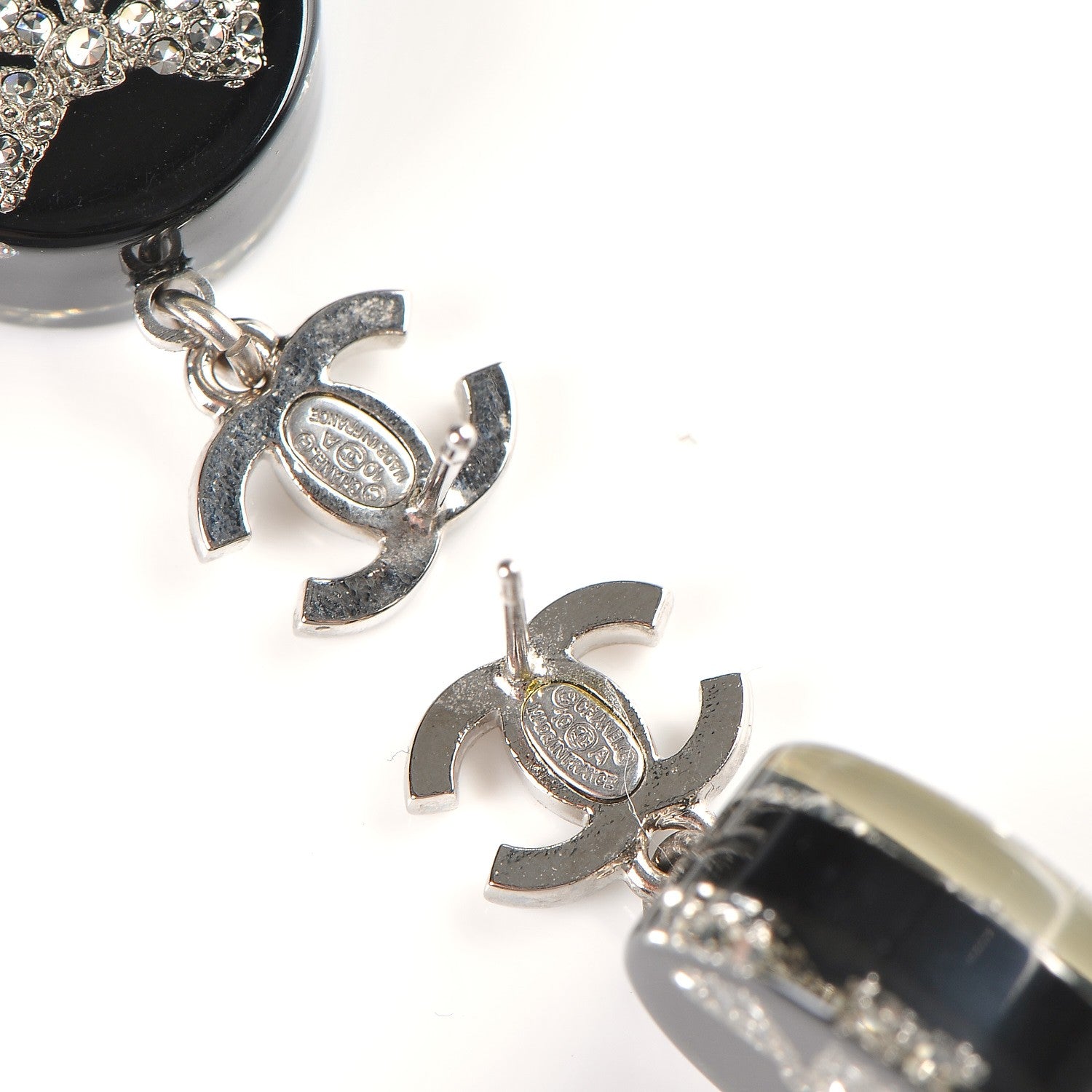 Chanel Resin Crystal CC Bow Drop Earrings Black Silver 3 of 5