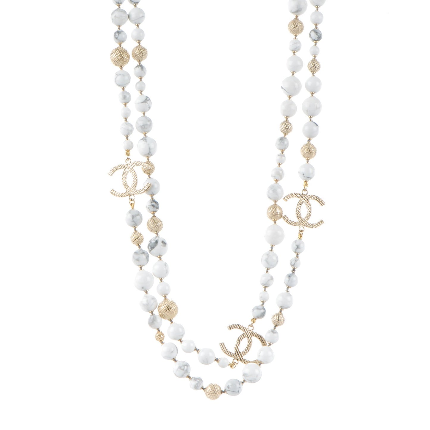 Marble Bead CC Long Necklace Gold White